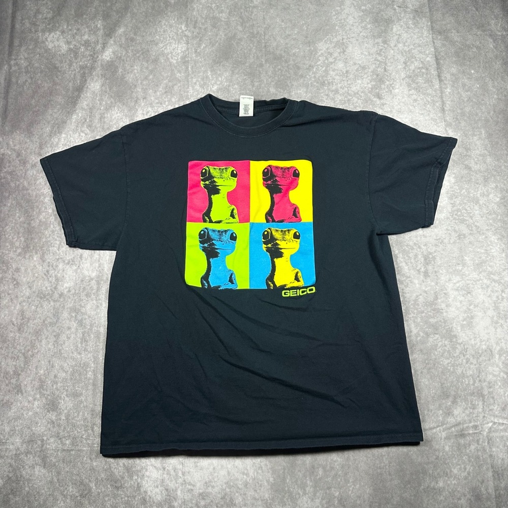 Gildan Geico Gecko Pop Art Graphic T Shirt Mens XL Black Short Sleeve Tee Logo